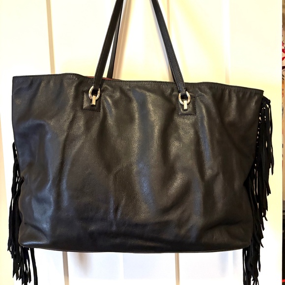 NEW~Diane Von Furstenberg Black Leather Tote/ Purse~Suede SideFringe~Red Lining - Picture 1 of 16